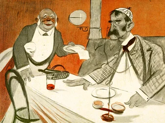 Théophile Delcassé streitet über die Rechnung in einem französischen Restaurant, 1903